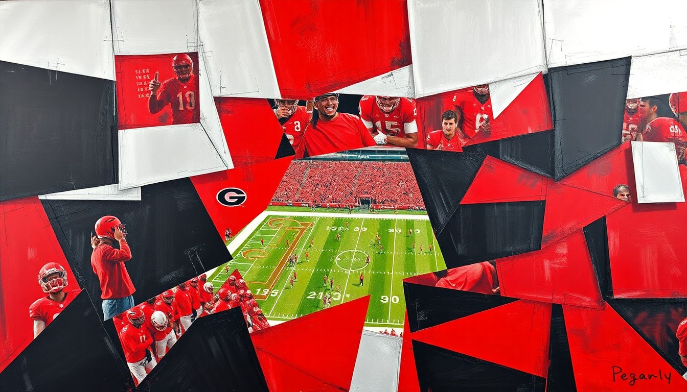 A cubist, geometric painting depicting fragmented and overlapping views of a football field, players, and equipment, conveying the energy and intensity of Georgia's spring practice session.