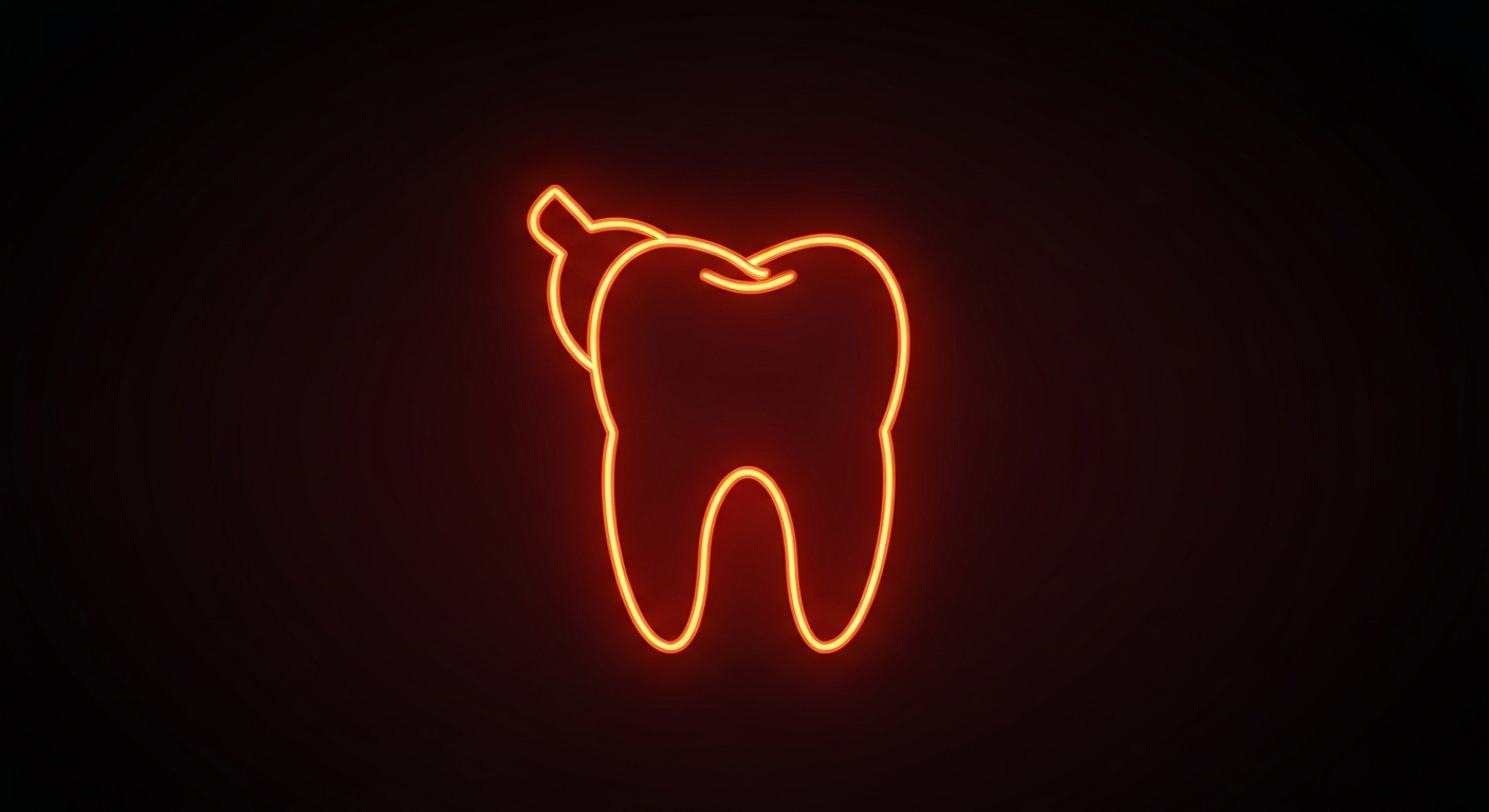 A minimalist design in the style of Keith Haring where a dental drill or tooth is defined entirely by vibrant neon lines against a dark background, emphasizing the shape and electricity of emergency dental care.