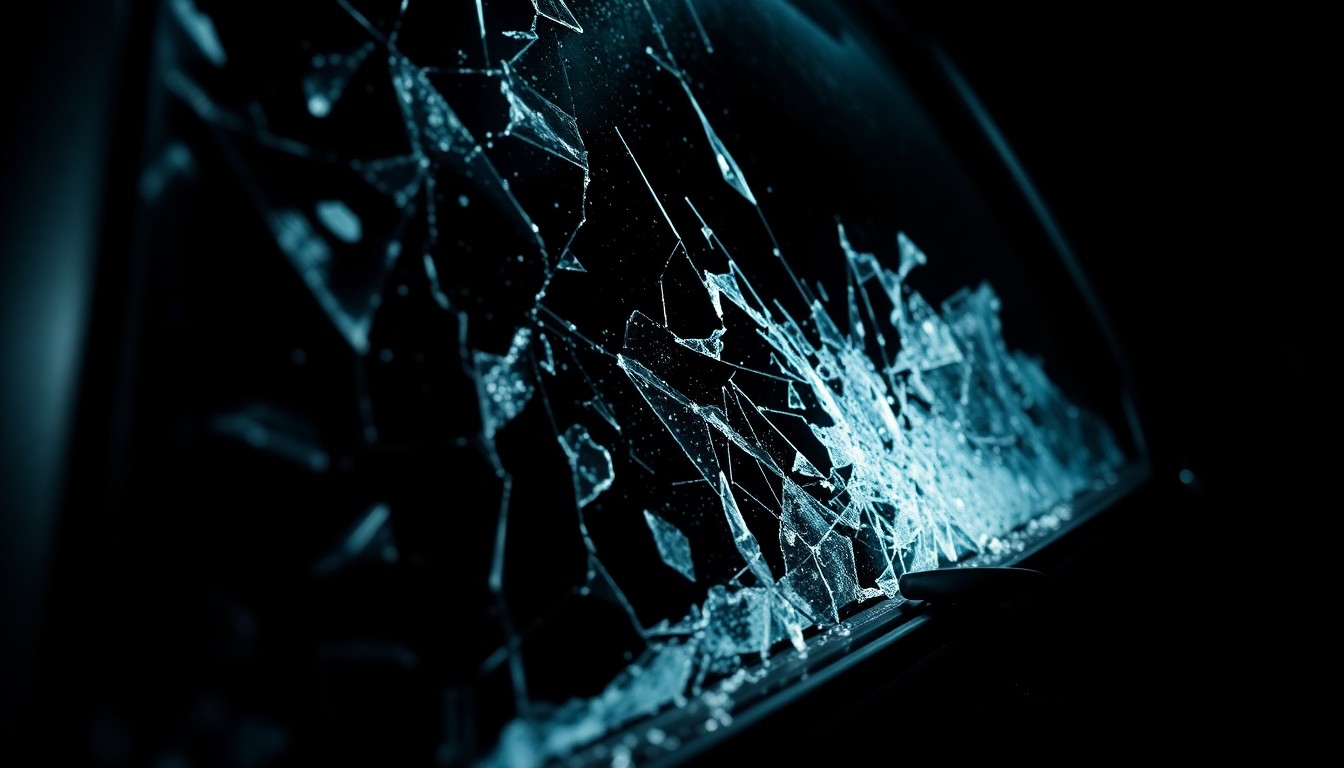 An extreme close-up photograph of a shattered car window or damaged car part, capturing the stark, gritty aftermath of a high-speed chase that ended in a crash, conceptually illustrating the risks and consequences of such incidents.