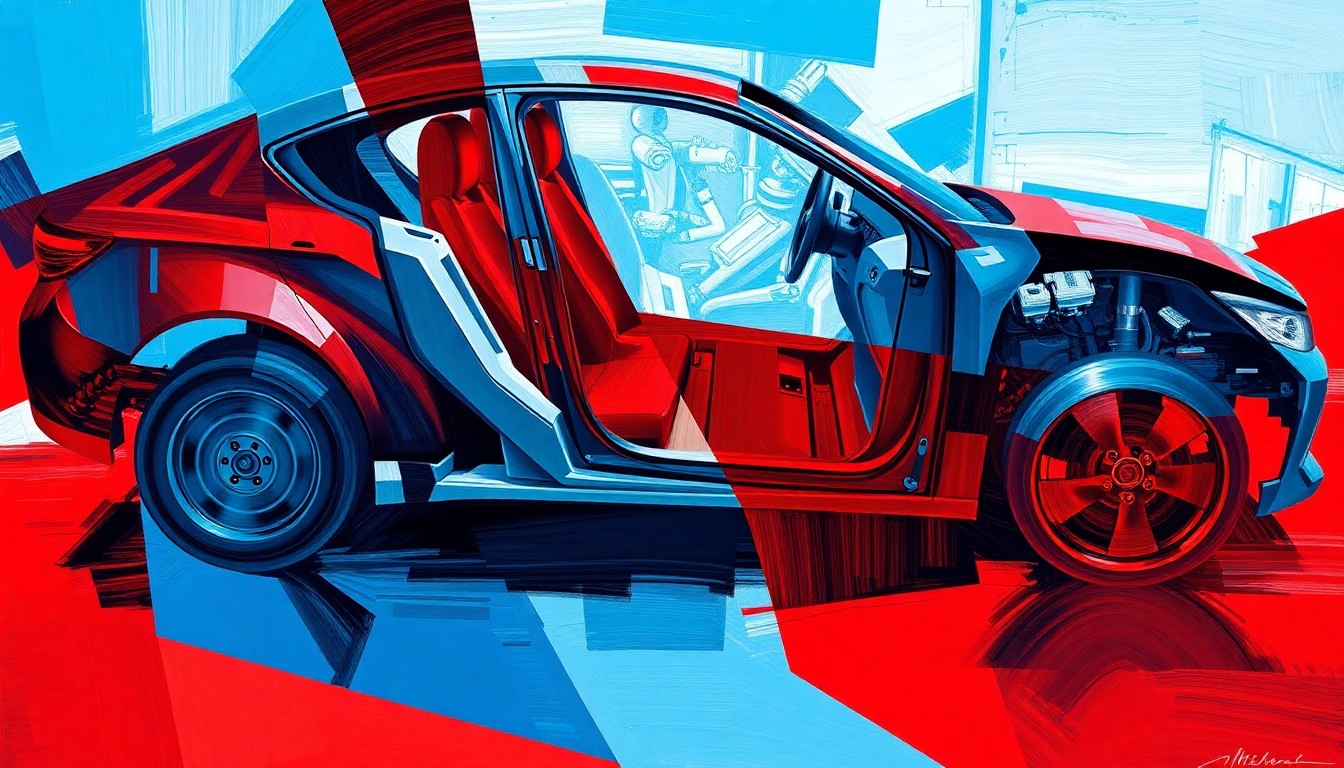 A dynamic, fragmented painting featuring bold, overlapping geometric shapes in vibrant colors, conceptually representing the high-stakes political conflict over Chinese automakers entering the American market.
