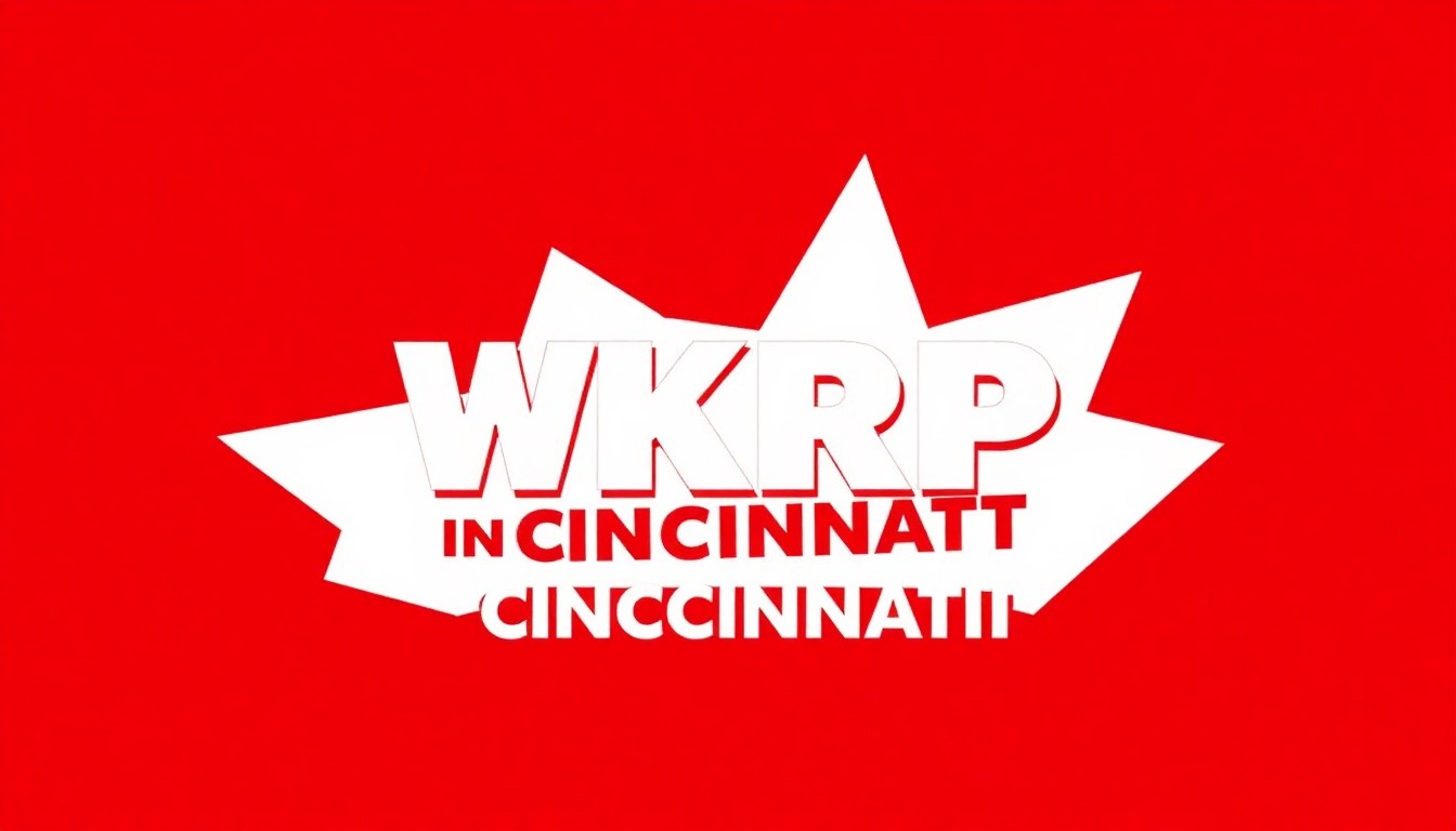 A bold, abstract illustration featuring stark, jagged geometric shapes in red and white, conceptually representing the revival of the classic 1970s sitcom WKRP in Cincinnati.