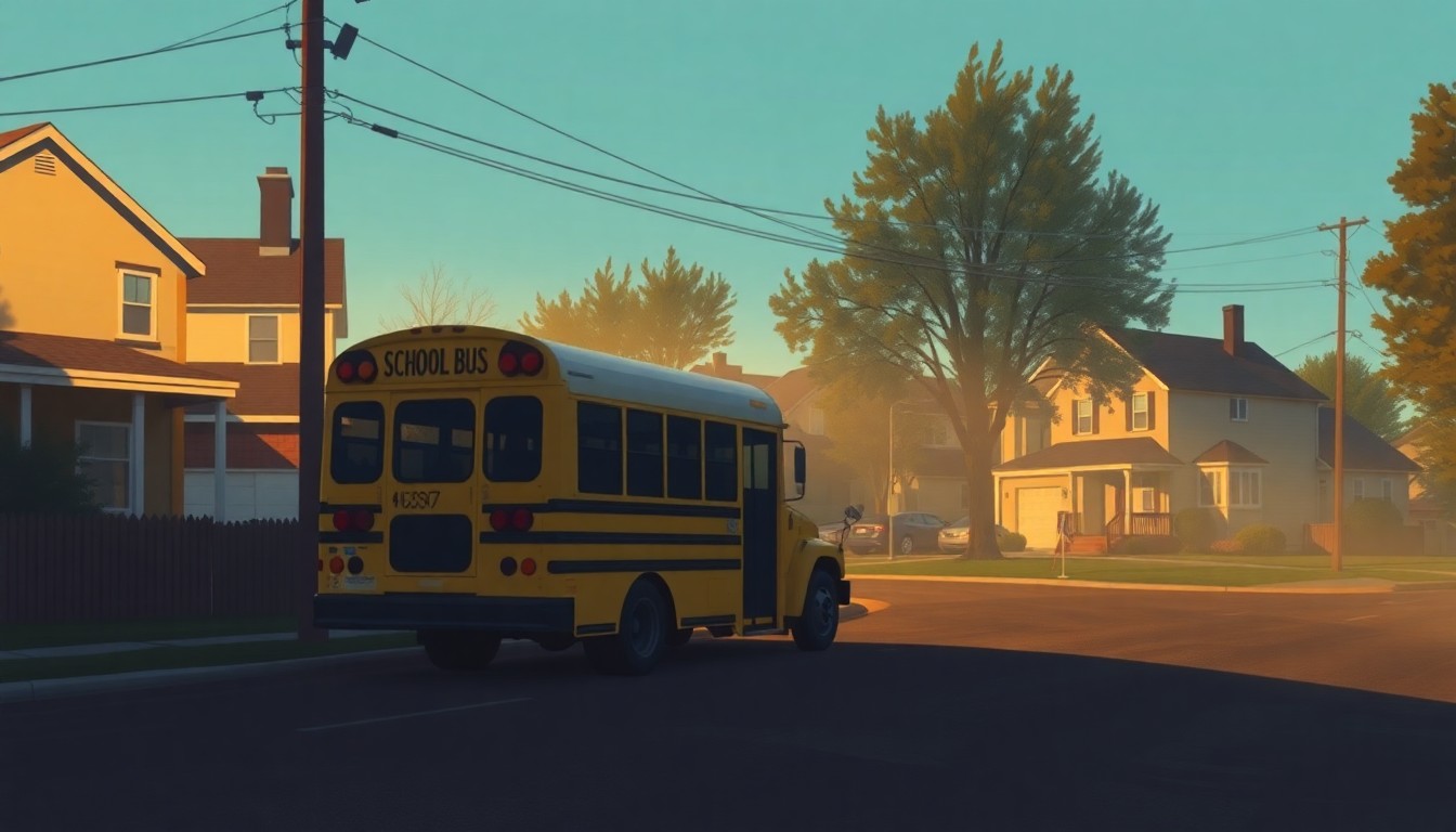 A serene, nostalgic painting of a school bus parked on a quiet residential street, the vehicle's form and shadows creating a contemplative, cinematic mood.