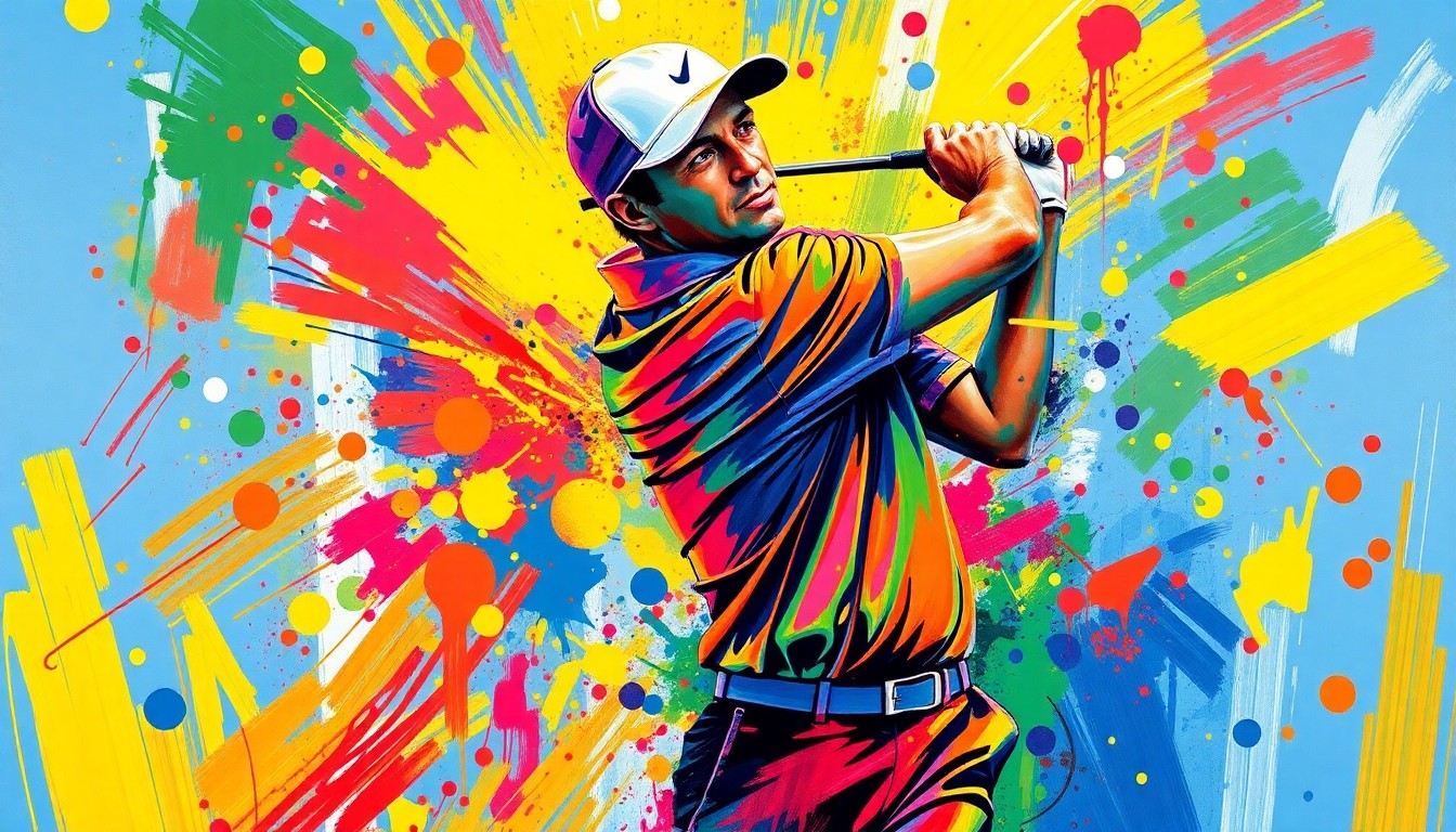 An abstract, expressionist painting in vibrant neon colors depicting the dynamic motion and energy of a golf swing, with the golfer's form dissolving into unrecognizable brushstrokes.