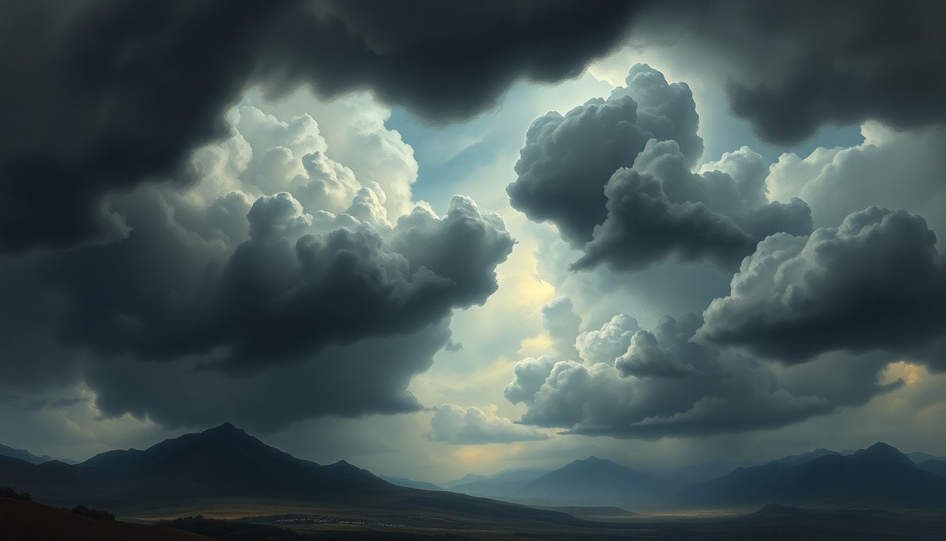 A sweeping, atmospheric landscape painting in muted tones of gray and blue, with a massive, swirling storm cloud dominating the frame and dwarfing the small structures and trees below.