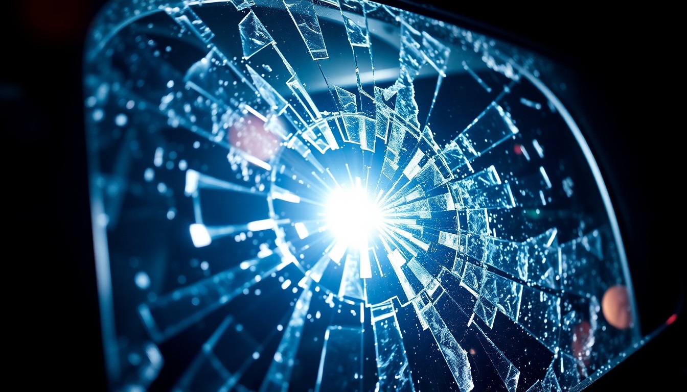 An extreme close-up photograph of a shattered car window reflecting the harsh light of a camera flash, conceptually representing the aftermath of a violent collision.