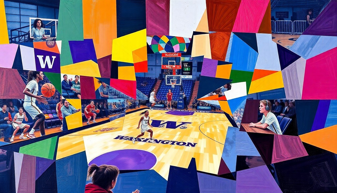 A fractured, geometric painting depicting the dynamic movements and competitive energy of a women's basketball game, with sharp planes of color representing the opposing teams.