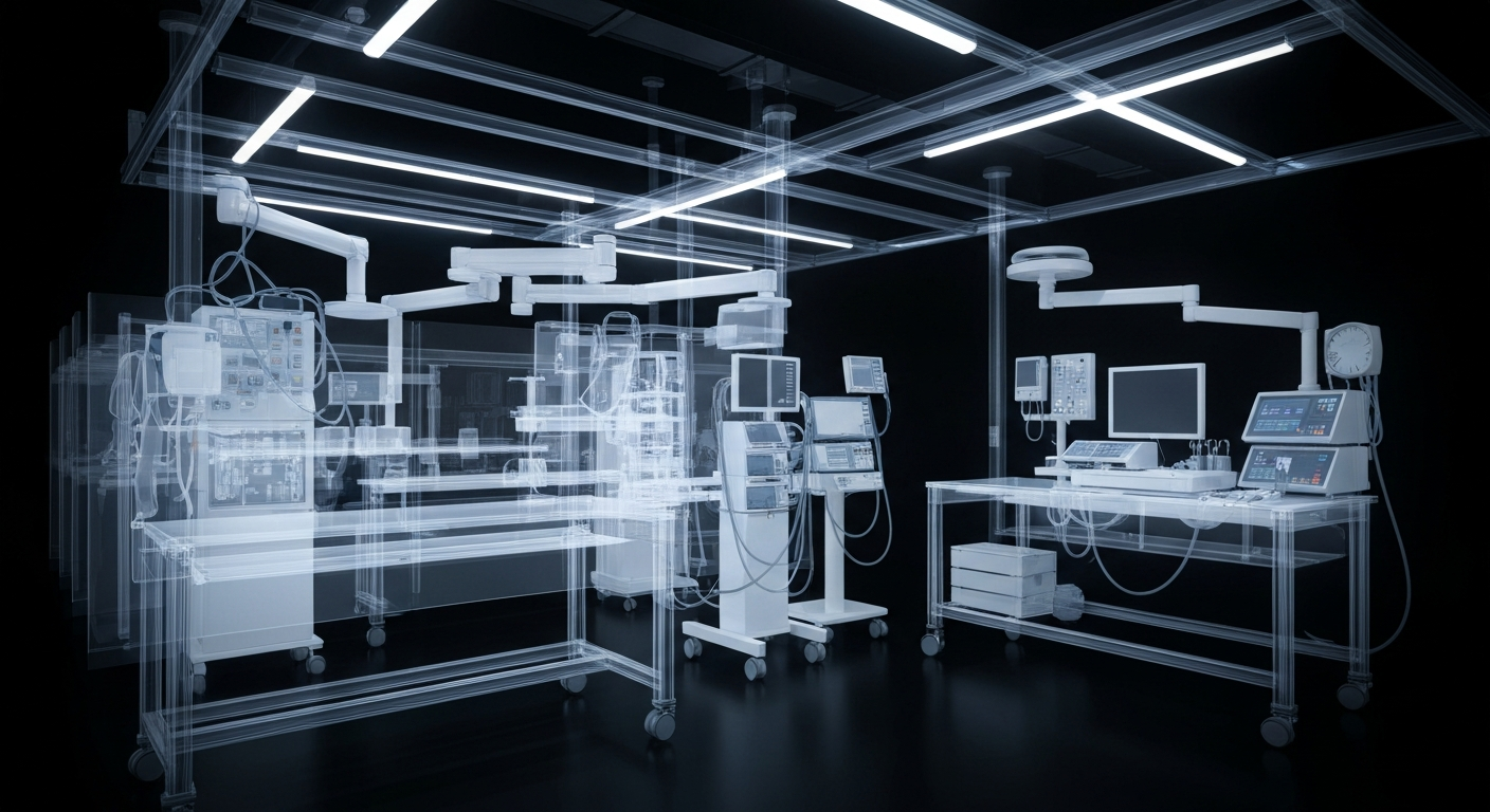 A ghostly, translucent X-ray image showing the internal structure of various medical equipment and tools within a modern simulation lab, conceptually representing the advanced learning facilities planned for EKU's new Center for Health Innovation.