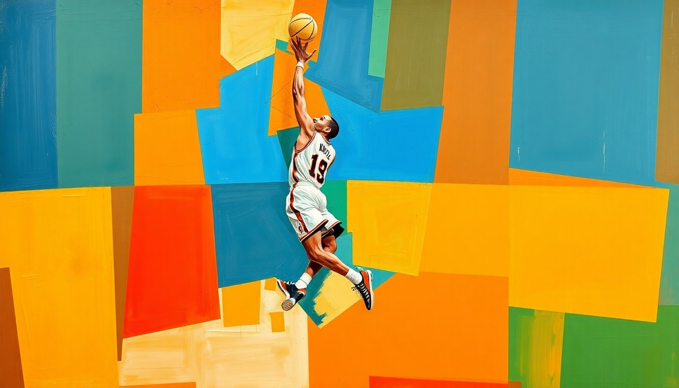 A cubist, geometric painting depicting a basketball player's jump shot broken down into overlapping planes of color, capturing the energy and movement of the sport.