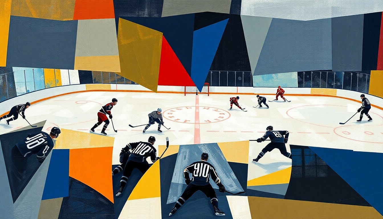 A cubist, geometric painting depicting a hockey game in abstract, fragmented shapes and planes of color, with no recognizable players or logos, conceptually representing the Maple Leafs' struggles this season.