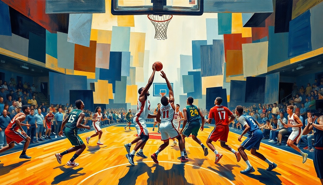 A cubist, geometric painting depicting the intense battle for position in the paint between towering college basketball players, their bodies and movements fractured and abstracted into sharp, overlapping planes of color.
