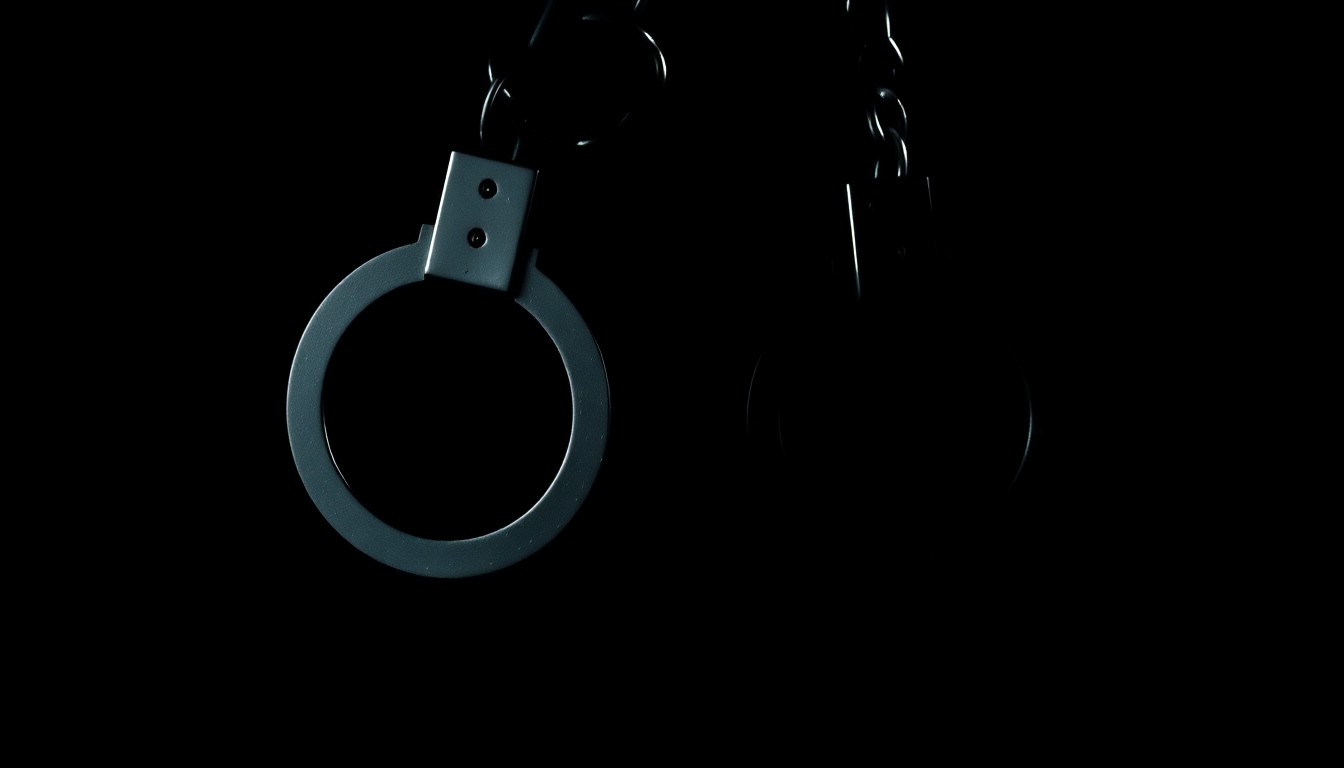 An extreme close-up photograph of a set of handcuffs against a pitch-black background, lit by a harsh, direct camera flash, creating a stark, gritty, investigative aesthetic.