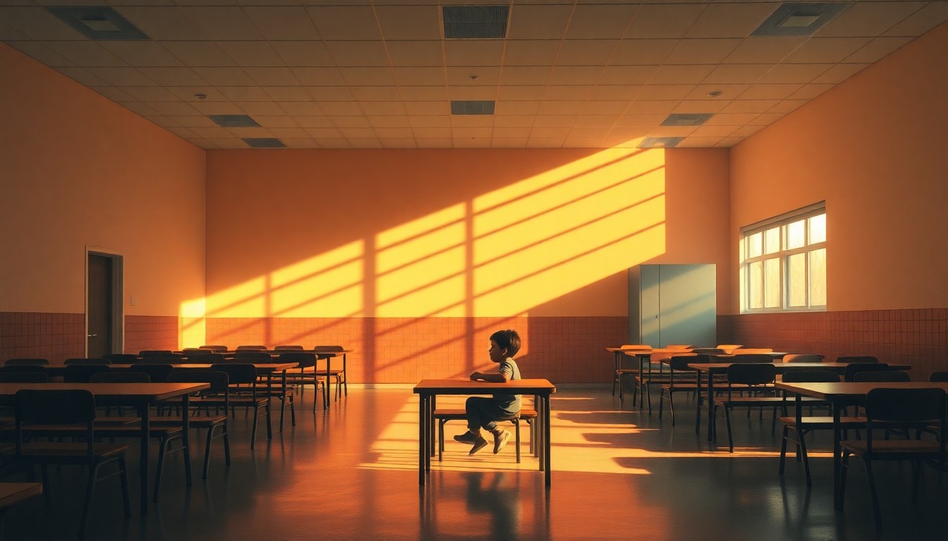 A serene, nostalgic painting of an empty school cafeteria with a single student sitting alone at a table, the space bathed in warm, golden light and deep shadows, conceptually representing the impact of the free school lunch legislation.