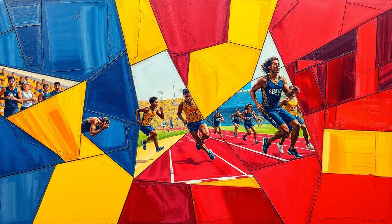 A cubist, geometric painting depicting a high school track and field competition, with overlapping planes of navy blue, gold, and crimson red representing the competing teams and athletes.