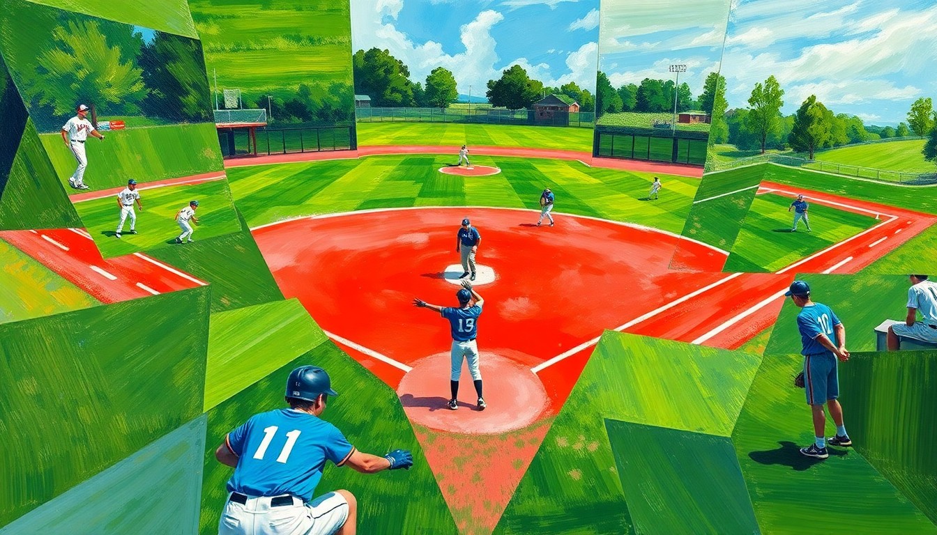 A fragmented, geometric painting depicting a high school softball game, with the players and field broken down into sharp, overlapping planes of color, capturing the dynamic energy of the sport.