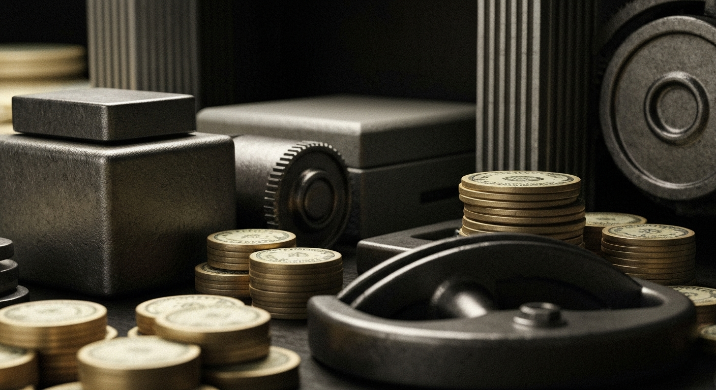 An extreme close-up of heavy, industrial banking machinery and objects, capturing the physical power and security of the global financial system in a cinematic, wordless manner.