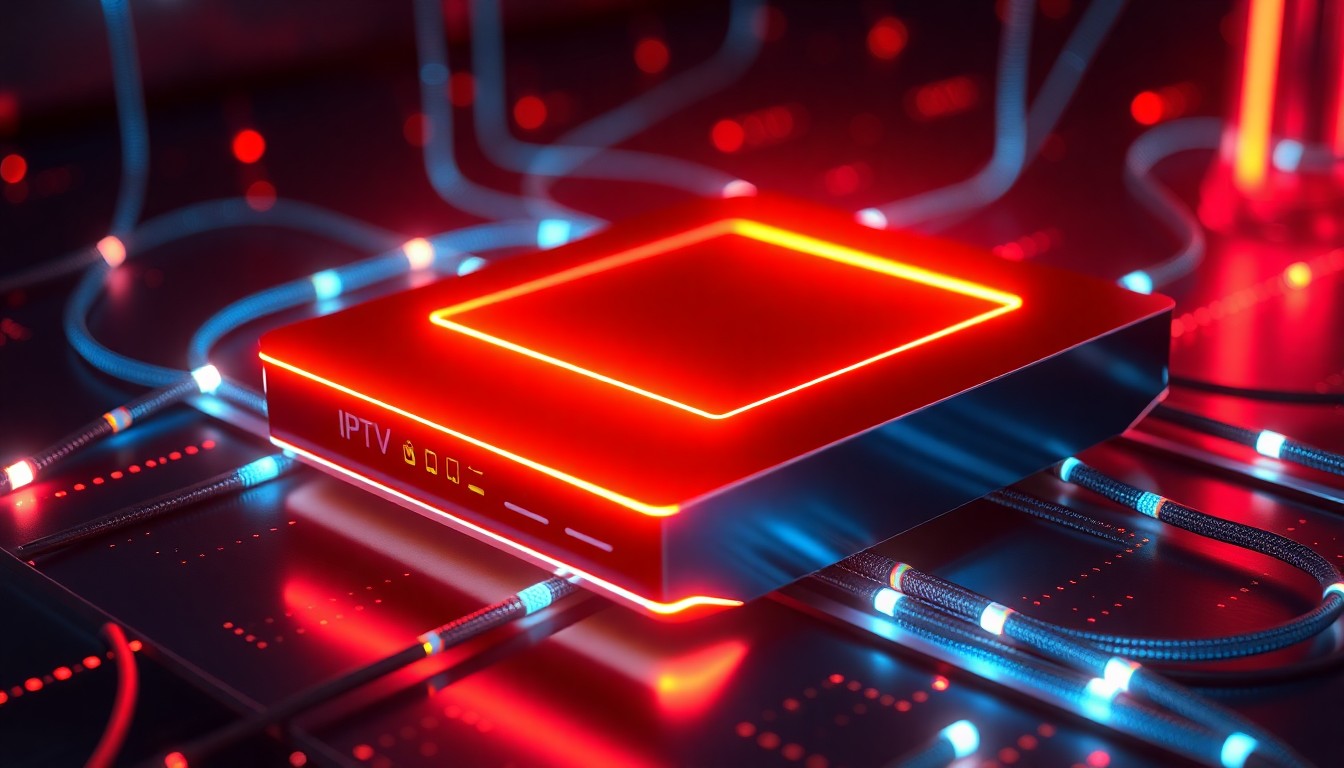 A highly detailed, 3D illustration of a glowing, futuristic IPTV set-top box or streaming device, surrounded by pulsing digital signals and neon-lit cables, conveying a sense of advanced technology and connectivity.