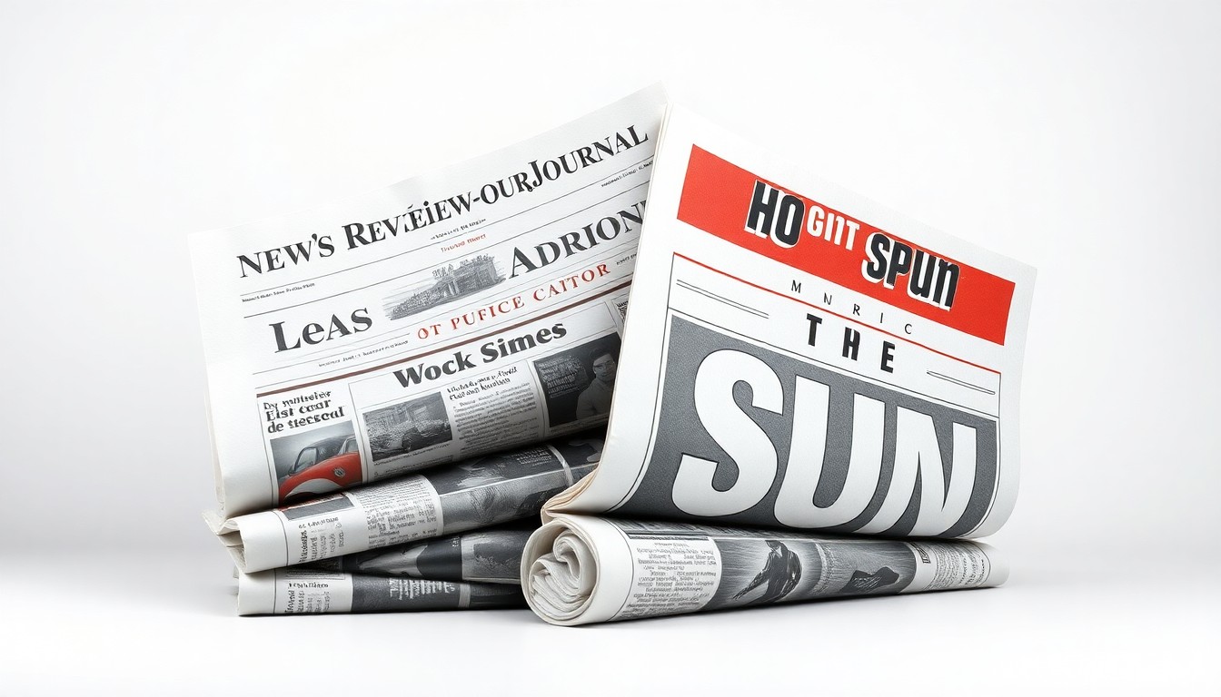A high-end, photorealistic studio still-life featuring a stack of newspapers with the headlines 'Las Vegas Review-Journal' and 'Las Vegas Sun' prominently displayed, set against a clean, monochromatic background, conceptually representing the changing dynamics and competition between the two local newspapers.