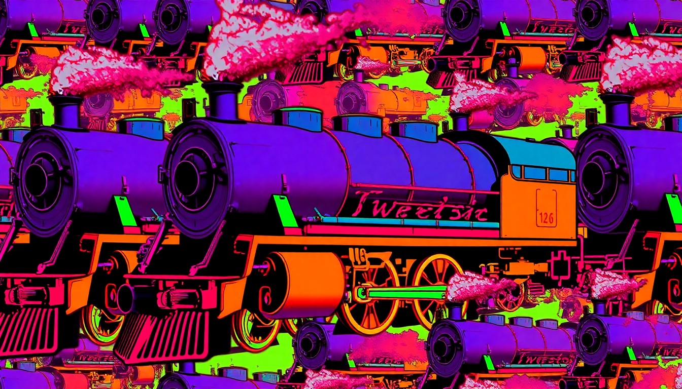 A highly stylized, silkscreen-inspired illustration featuring a repeating pattern of a vintage steam locomotive engine in vibrant neon colors, conceptually representing the energy and excitement of Tweetsie Railroad's annual spring opening.