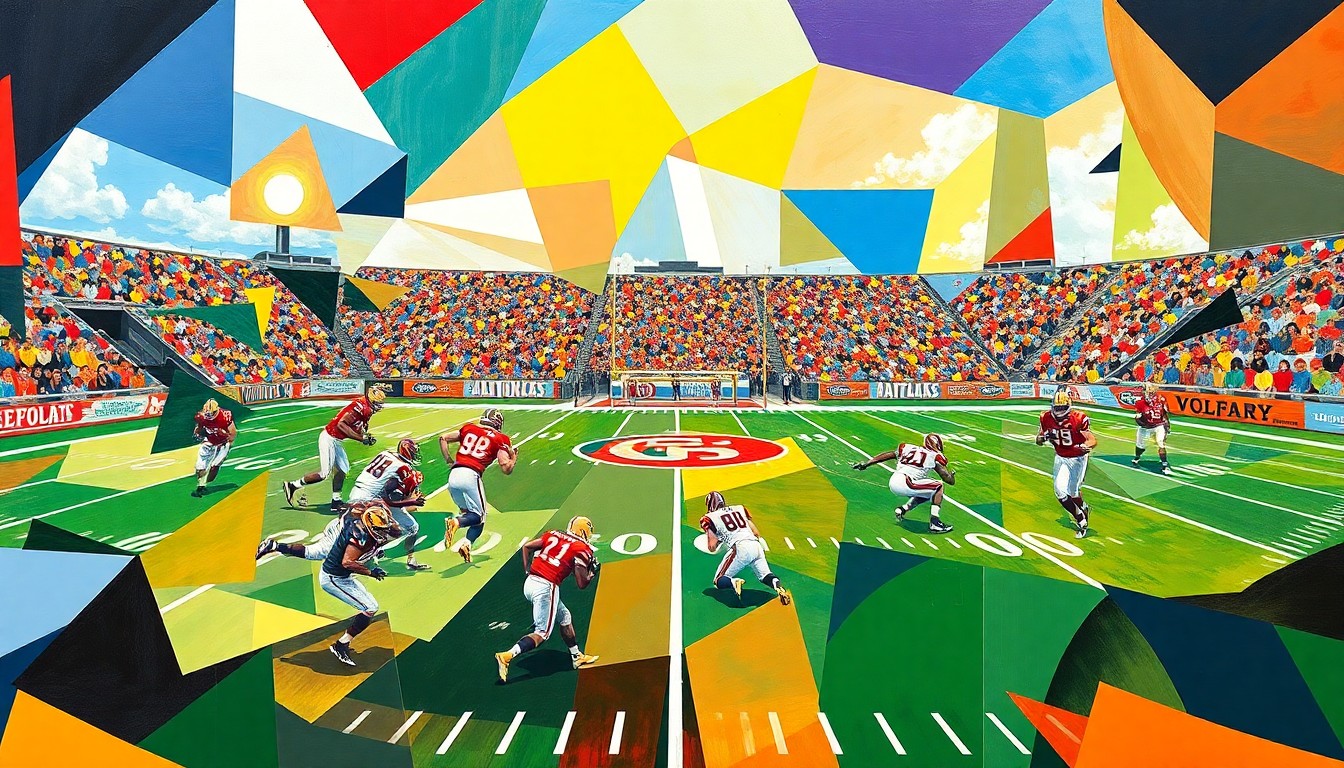 A fragmented, cubist-style painting depicting a college football game, with the players and field reduced to angular, colorful geometric shapes, capturing the competitive energy of the coaches' exchange.