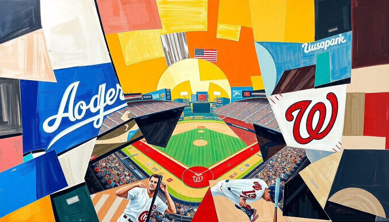 A fractured, multi-perspective painting depicting a baseball game, with sharp geometric planes in shades of blue, red, and green representing the action on the field.