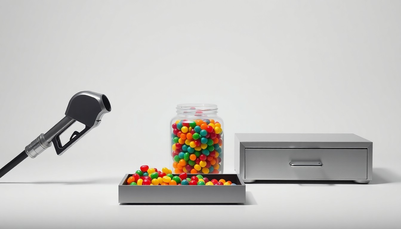 A minimalist studio still life photograph featuring a polished metal gas pump nozzle, a glass jar filled with colorful candy, and a sleek stainless steel cash register drawer, all arranged elegantly on a clean white background to conceptually represent the modern retail and consumer convenience of a new gas station and convenience store development.