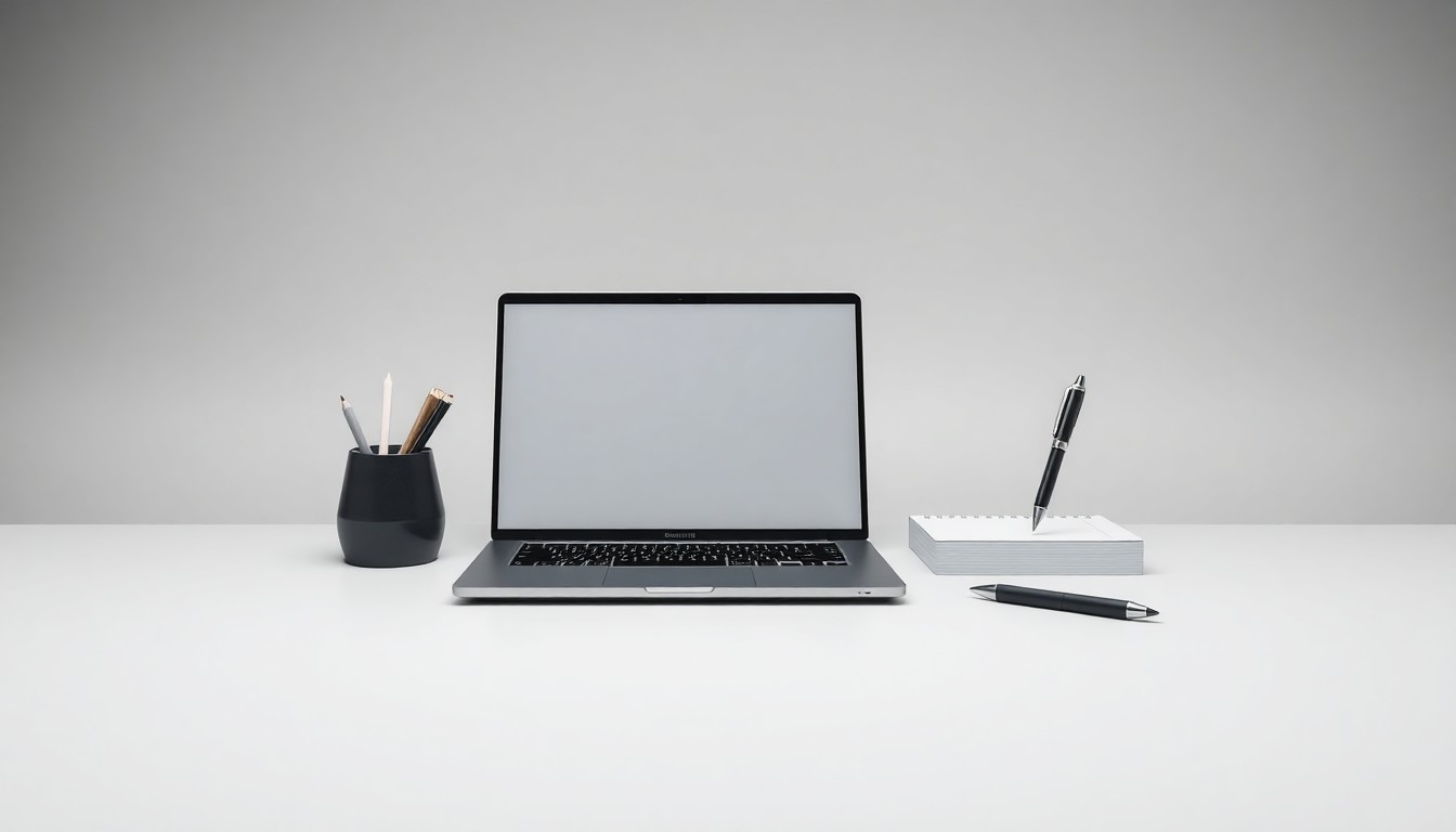 A high-end, photorealistic studio still-life photograph featuring a sleek, modern laptop, a minimalist desk organizer, and a premium pen in a muted color palette, conceptually representing the abstract concepts of digital strategy, data-driven insights, and long-term business growth.