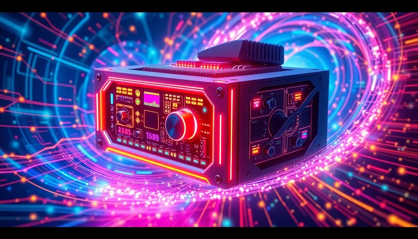 A highly detailed, glowing 3D illustration of a futuristic audio processing unit with pulsing neon lights, intricate circuitry, and a sleek, angular design, surrounded by a swirling vortex of colorful digital energy, conceptually representing the advanced AI-powered audio separation capabilities of LALAL.AI's Andromeda neural network.