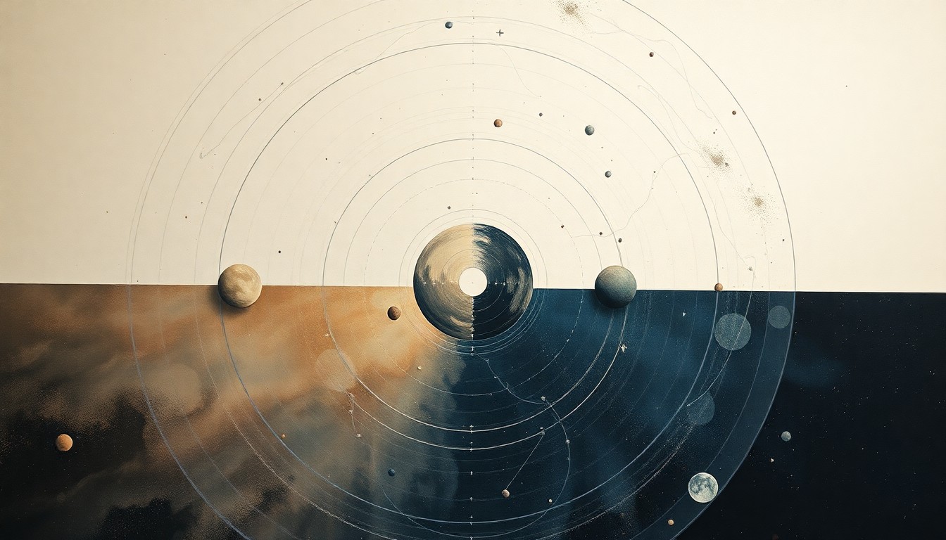 A bold, highly structured abstract painting in soft, flat colors depicting sweeping geometric arcs, concentric planetary circles, and precise celestial spirals, conceptually representing the technical complexity of the Artemis II mission as the spacecraft travels to the moon.