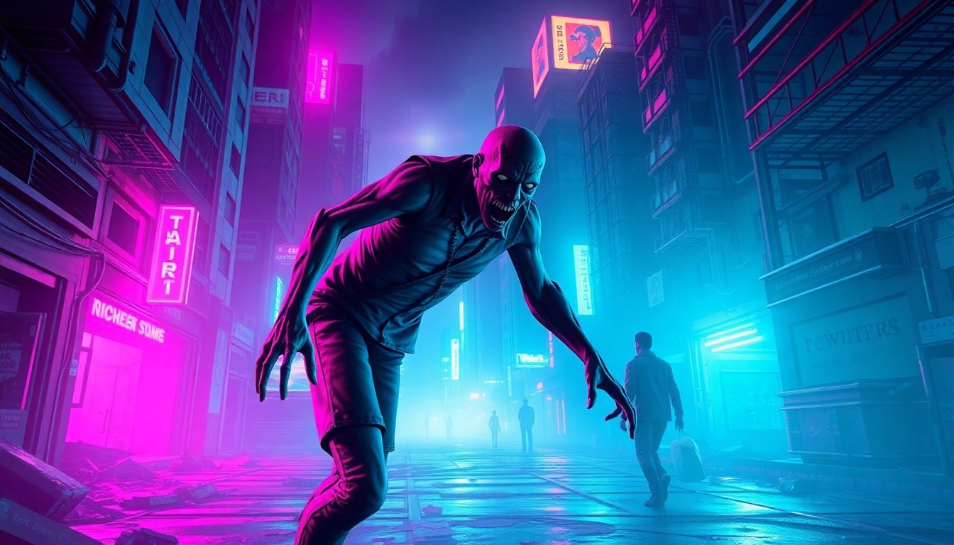A detailed, glowing 3D illustration of a zombie moving through a neon-lit, decaying urban environment, conveying the tense, high-stakes atmosphere of the upcoming State of Decay 3 game.
