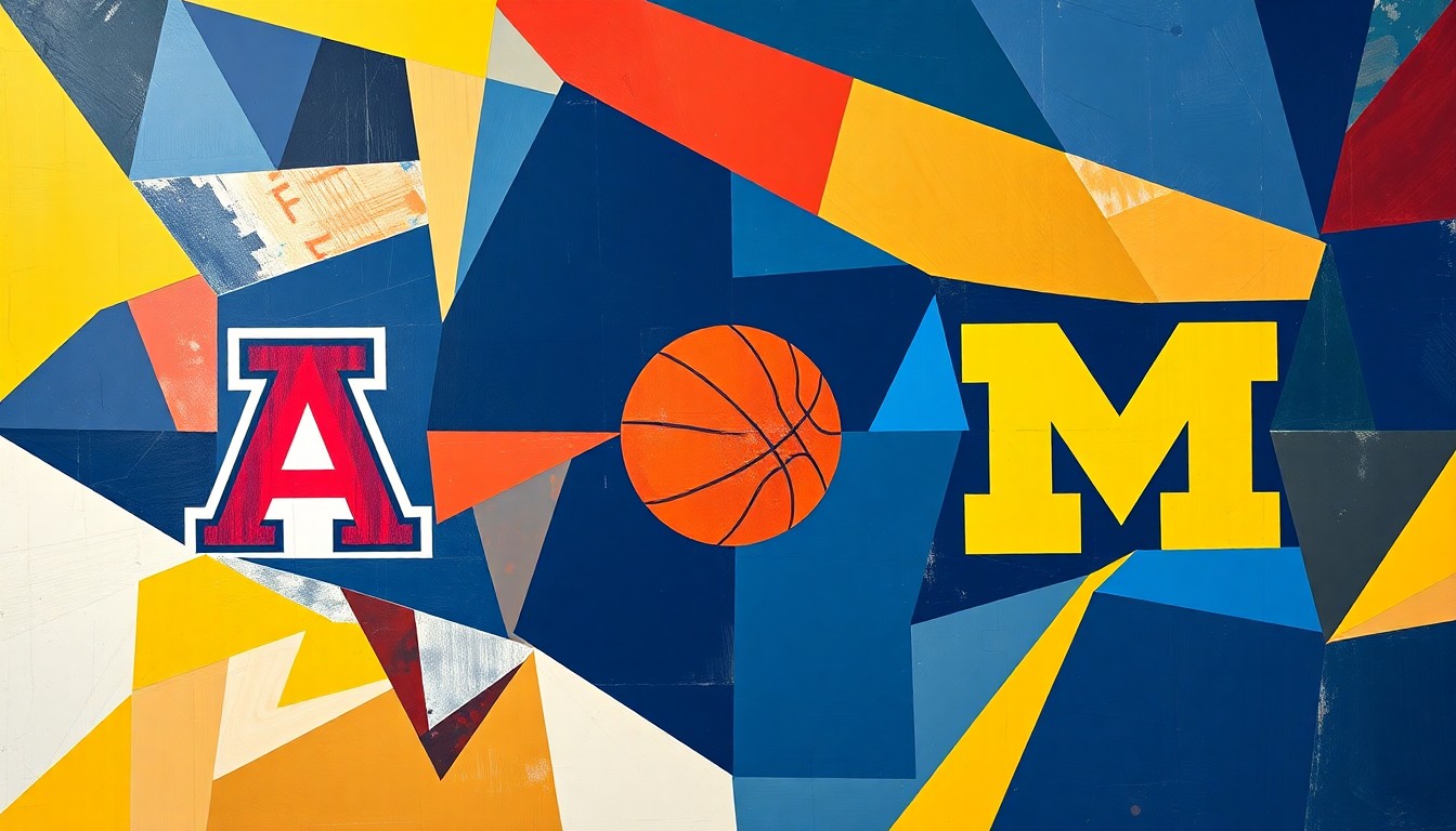 A cubist-style painting featuring sharp, overlapping geometric shapes in shades of navy blue, red, silver, maize, and blue, conceptually representing the intensity and dynamism of a college basketball game.