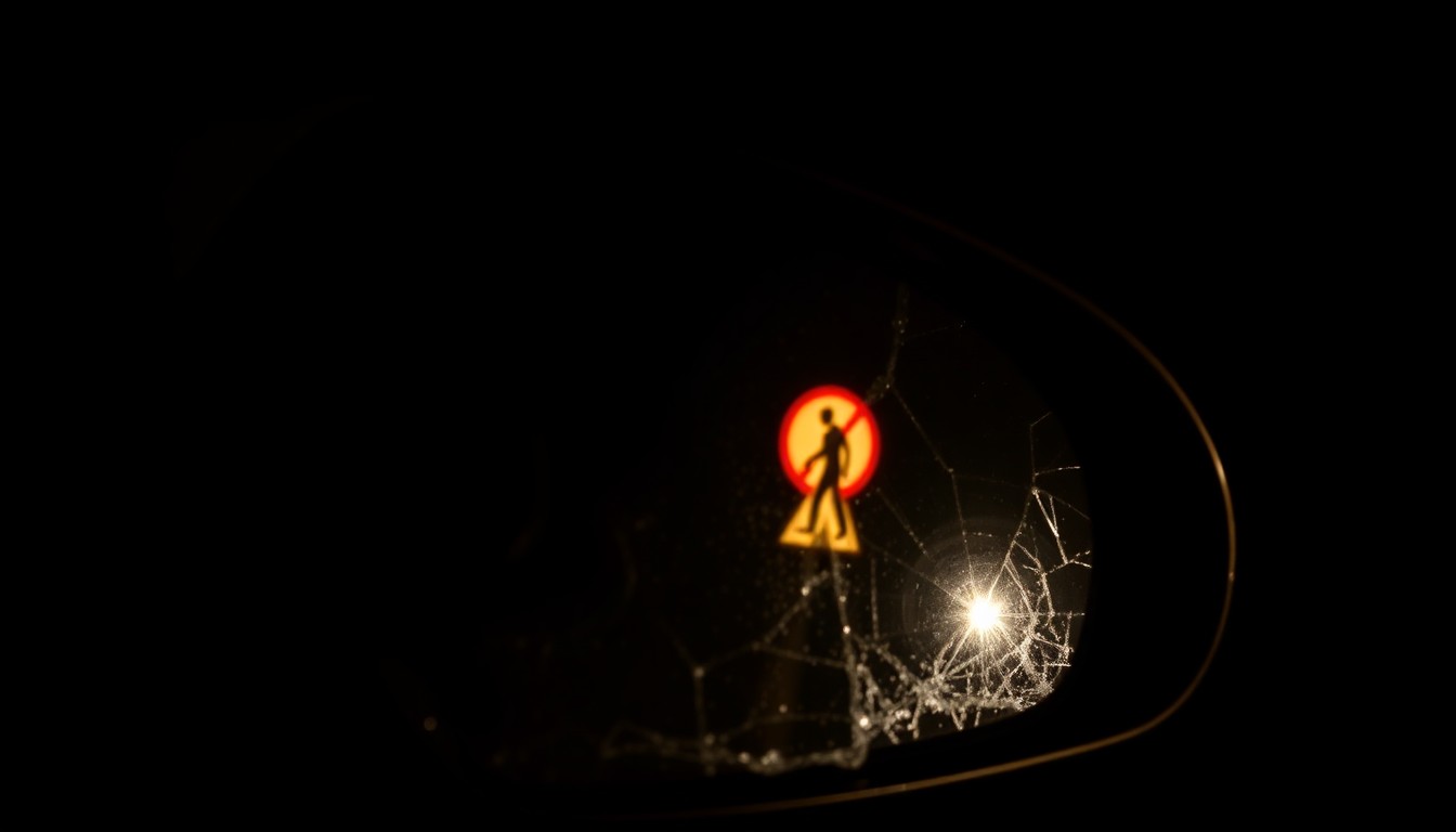 An extreme close-up photograph of a shattered car side mirror reflecting the faint outline of a pedestrian crossing sign, creating a stark, gritty, investigative aesthetic through the use of harsh, direct flash lighting against a pitch-black background.