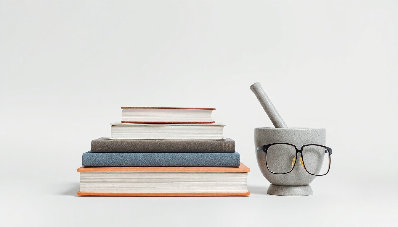 A minimalist studio still life photograph featuring a stack of hardcover books, a mortar and pestle, and a pair of wire-rimmed glasses arranged elegantly on a clean, monochromatic background, symbolizing the abstract concepts of academia, research, and intellectual discourse.
