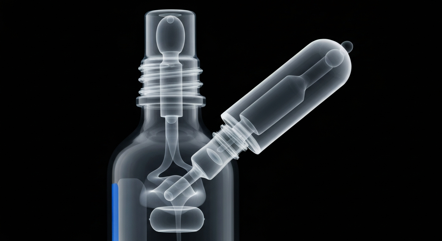A ghostly, translucent X-ray image of the internal structure of an eye drop bottle, revealing the complex components in glowing lines against a dark background.