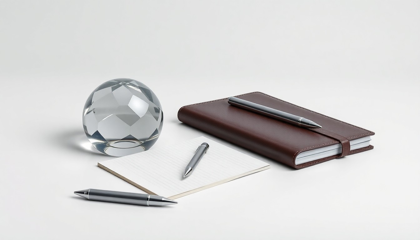 A high-end, photorealistic studio still-life featuring a series of premium, polished corporate objects like a glass paperweight, a metal pen, and a leather-bound notebook arranged elegantly on a clean, monochromatic background, conceptually representing the abstract challenges of corporate strategy and leadership transition.
