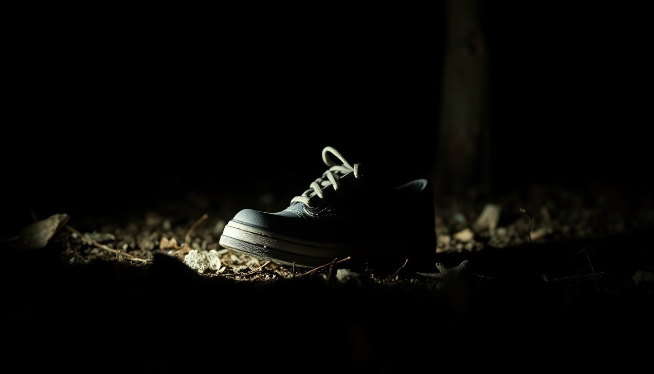An extreme close-up photograph of a child's shoe or other small personal item found in the woods, with harsh, dramatic lighting creating a stark, gritty, investigative aesthetic.