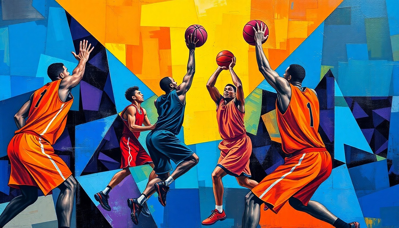 A cubist, geometric painting depicting the abstracted forms of basketball players in motion, with vibrant colors and overlapping planes capturing the energy of the sport.