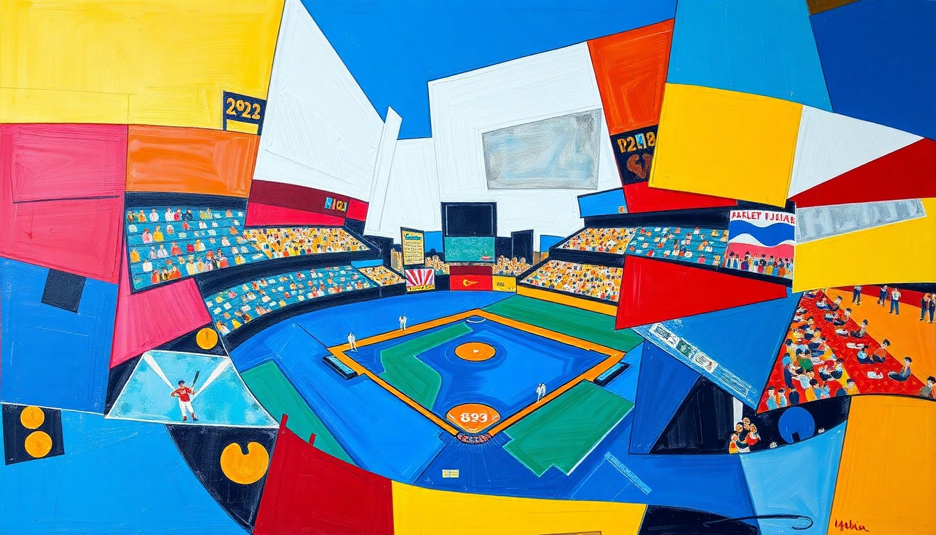 A cubist, geometric painting in vibrant colors depicting a fragmented baseball game, with sharp, overlapping shapes representing the disruption caused by a player's tardiness.