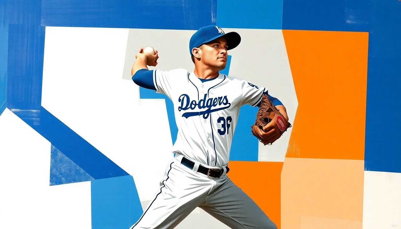 A cubist-style painting depicting a baseball pitcher's throwing motion broken down into fragmented, overlapping geometric shapes in shades of blue, orange, and gray, conceptually representing the transition of a star closer from one team to another.