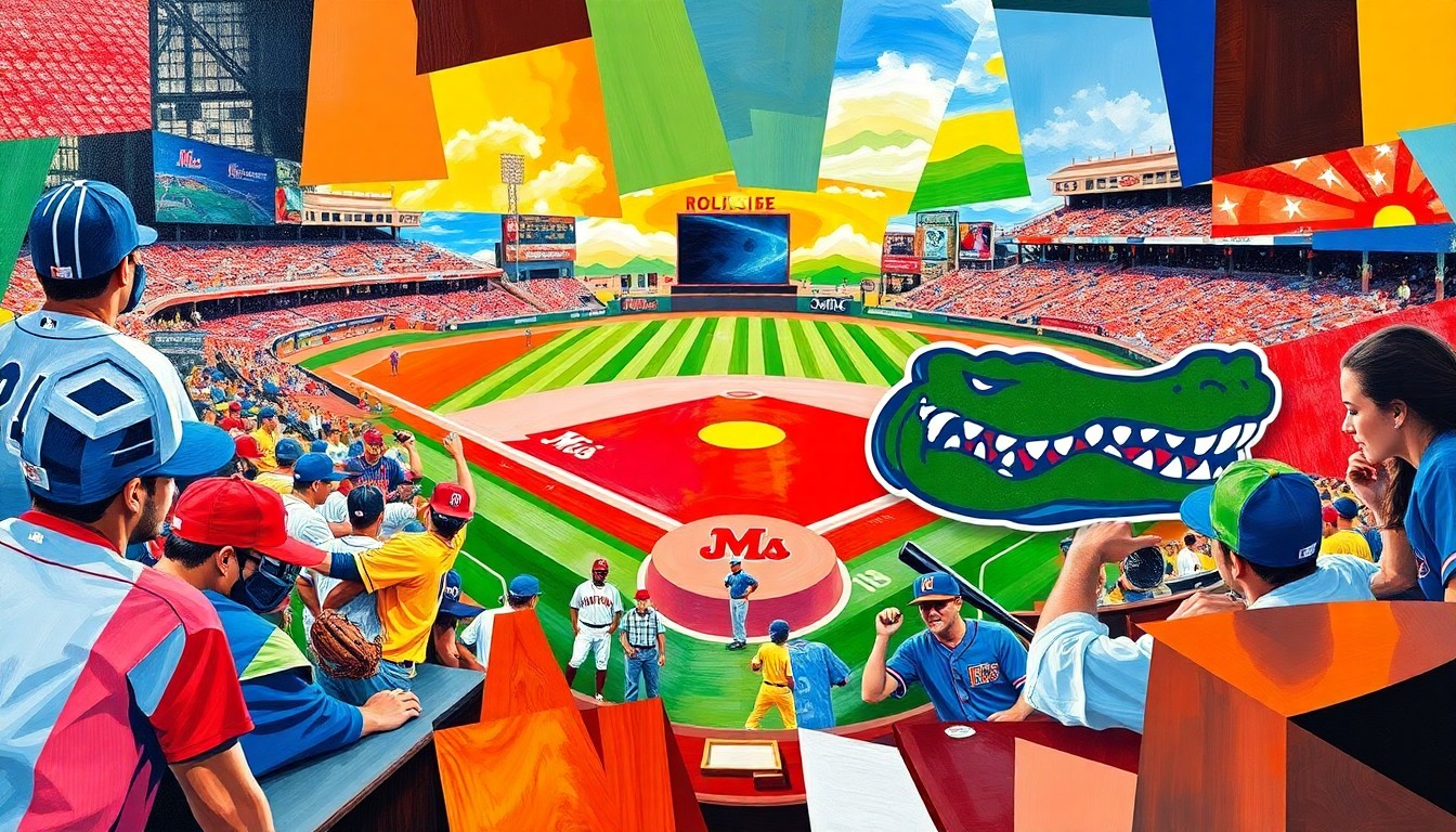 A fragmented, geometric painting depicting the action of a college baseball game, with the players and field broken down into sharp, overlapping planes of color representing the Ole Miss Rebels and Florida Gators uniforms.