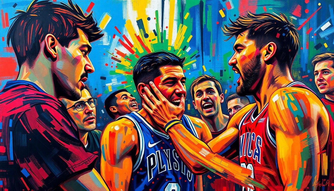 An abstract, expressionist painting in vibrant neon colors, capturing the raw emotion and energy of a basketball player confronting a fan who made an insensitive remark about an injured player on the court.