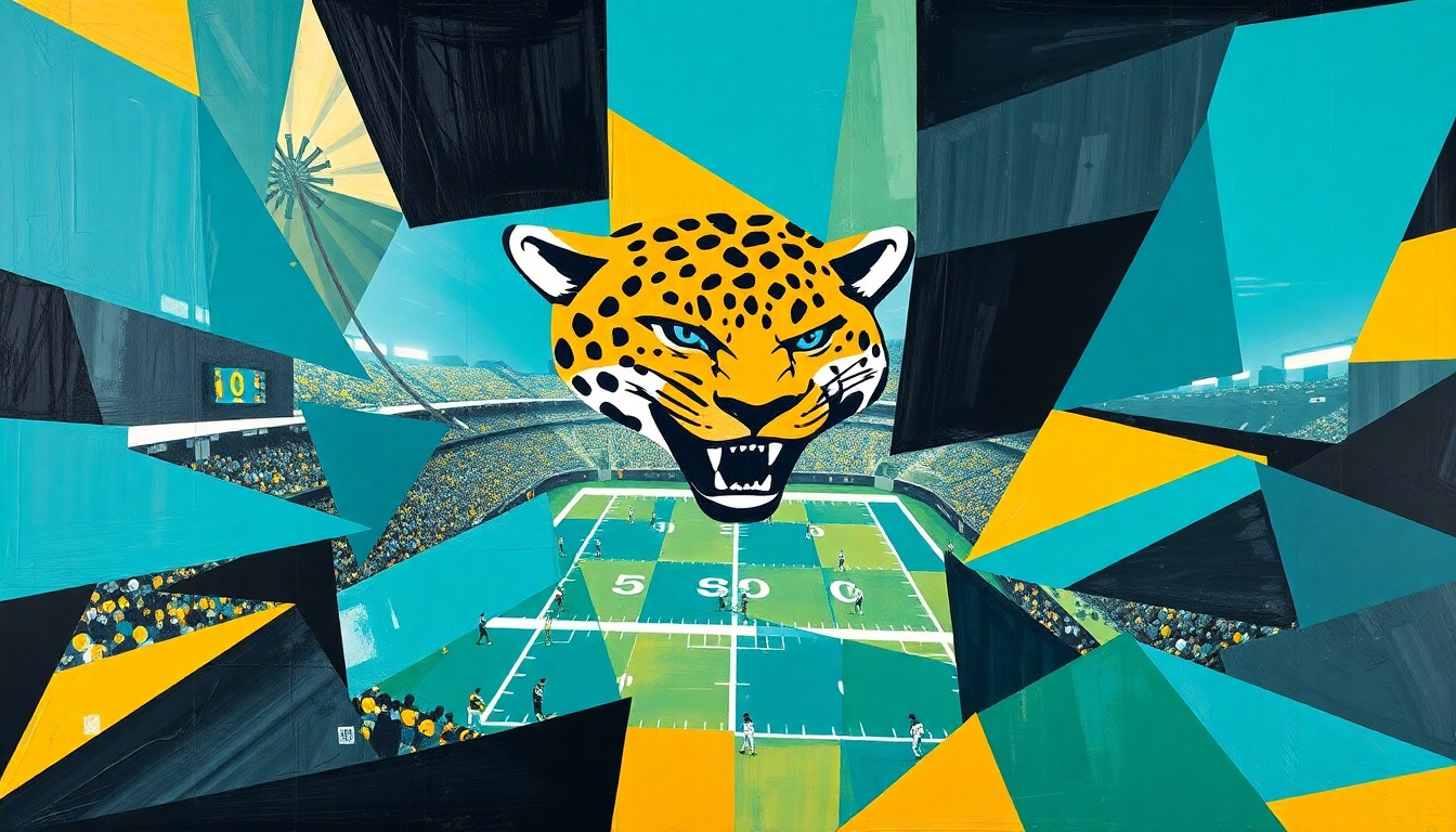 A fractured, geometric painting depicting a Jaguars football game, with players and the field broken down into overlapping planes of teal, gold, and black, conveying the team's dynamic and well-rounded play.