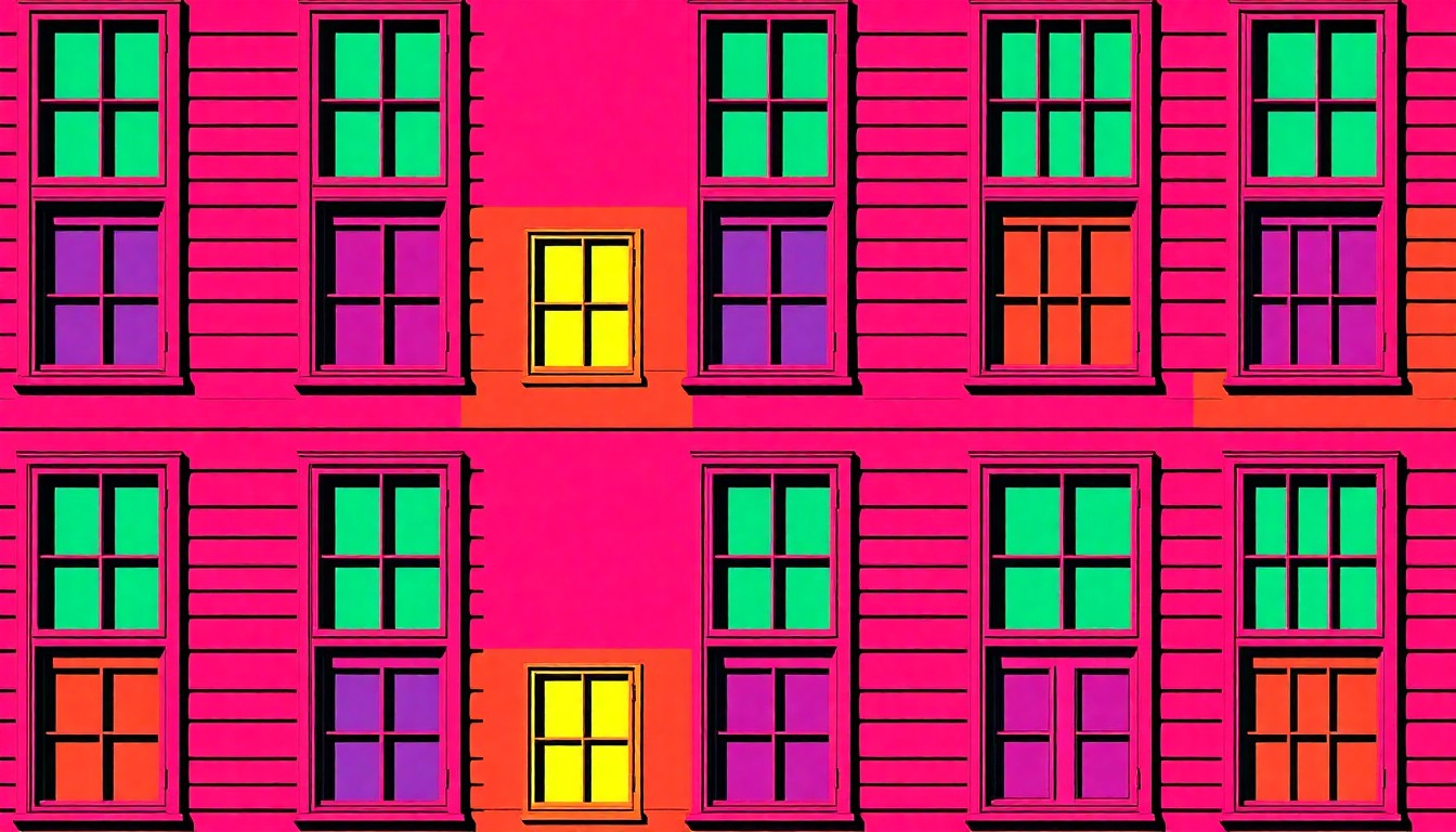 A brightly colored, high-contrast silkscreen print of a single, iconic home exterior object such as a window, door, or siding panel, repeated in a tight grid pattern in the style of Andy Warhol, conceptually representing the Hometown H.E.R.O. program's mission to revitalize the homes of deserving veterans.