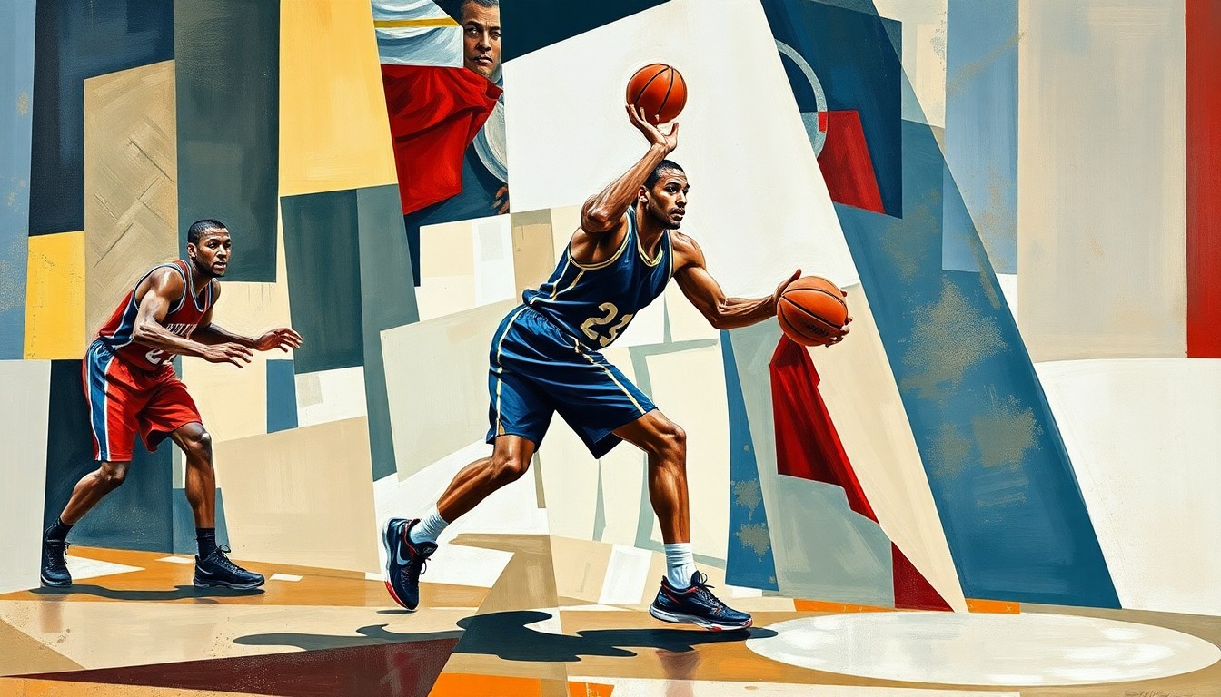 A cubist, geometric painting depicting a basketball player in a defensive stance, with their movements broken down into sharp, overlapping shapes and planes of color, capturing the energy and intensity of Okani's defensive game.