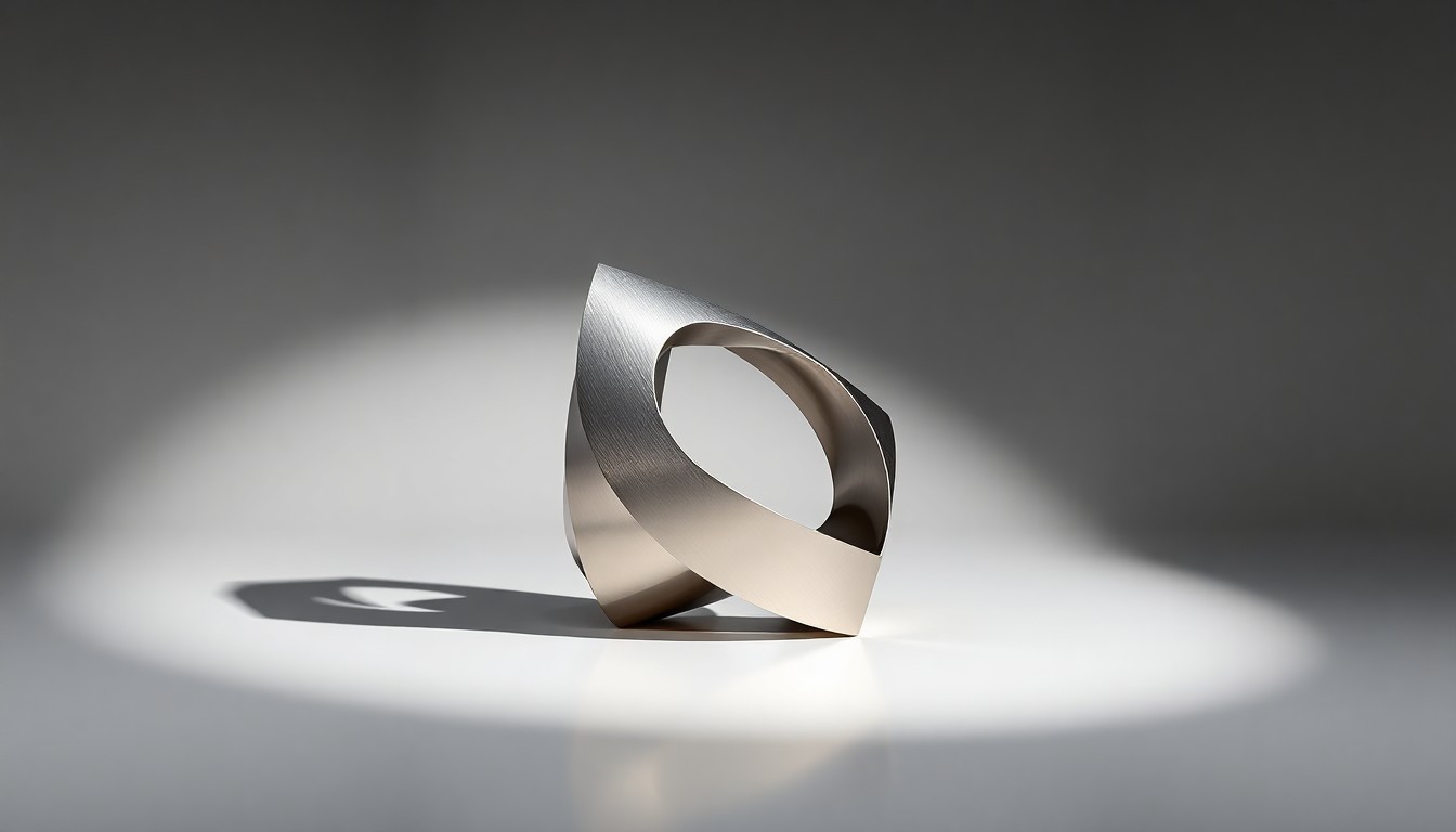 A polished, geometric sculpture made of brushed stainless steel, elegantly arranged on a clean, monochromatic background, symbolizing the timeless architecture and design of Utica Square and Northwood's commitment to honoring its past while investing in its future.