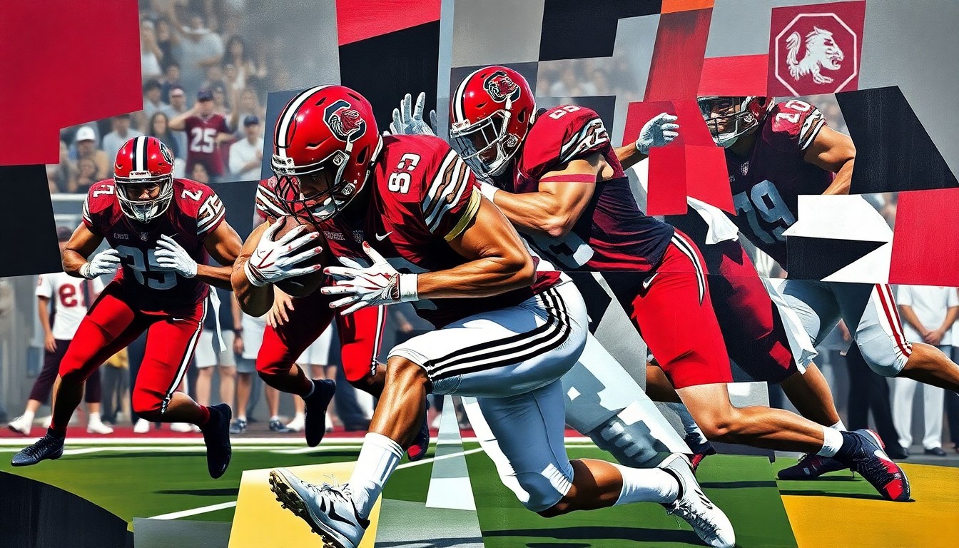 A cubist-style painting depicting a football player making a tackle, with their body broken down into sharp, overlapping geometric shapes in the team colors of garnet and black.