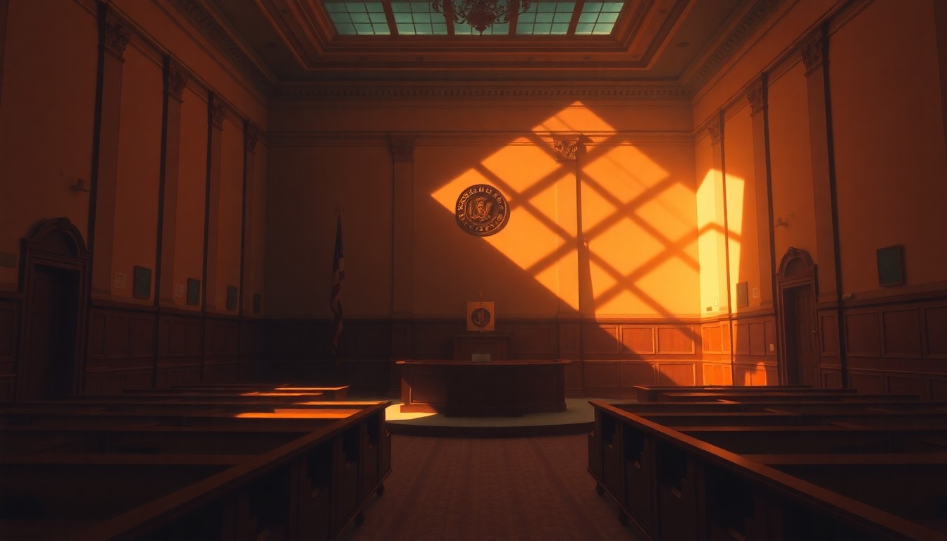 A dimly lit, cinematic painting of an empty city council chamber, with warm sunlight streaming through the windows and deep shadows casting a contemplative mood, conceptually representing the transparency and civic engagement fostered by the Inside Government Q&A series.