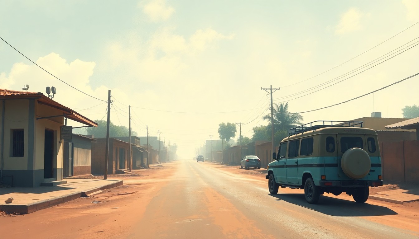 A serene, sun-drenched street scene in a small Indian town, with a lone government vehicle parked on the side, conceptually representing the political tensions over a controversial land development project.
