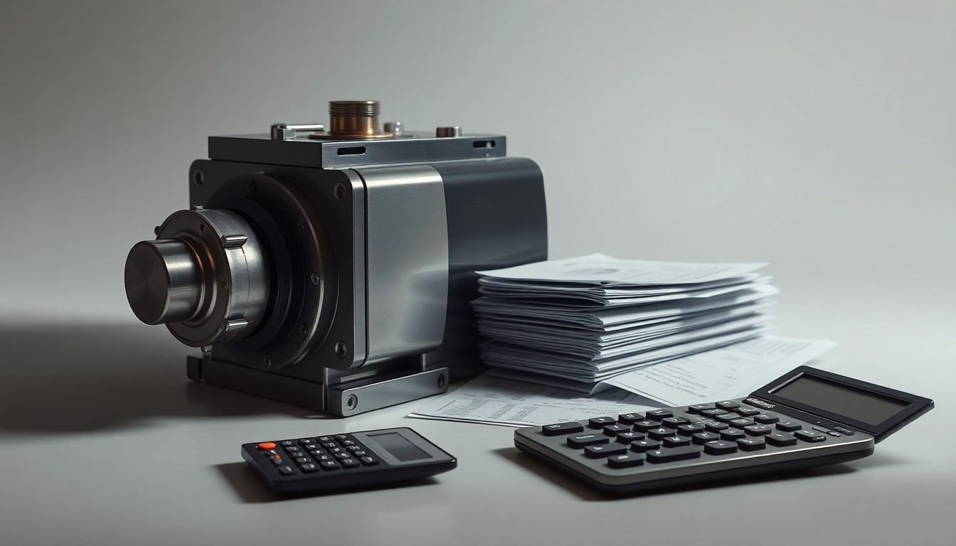 A photorealistic studio still life featuring a polished metal fuel cell component, a stack of financial documents, and a broken calculator on a clean, monochromatic background, symbolizing the complex financial and legal issues surrounding Plug Power's business.