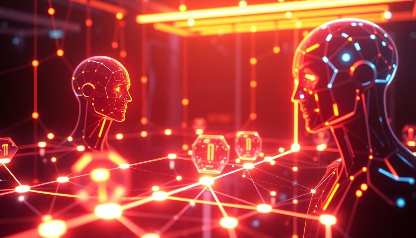 A highly detailed, glowing 3D illustration of interconnected AI models and agents, represented as luminous, geometric shapes and structures in a dark, cybernetic environment, connected by pulsing, neon-colored data streams, conceptually representing the secure communication protocols developed by the two companies.