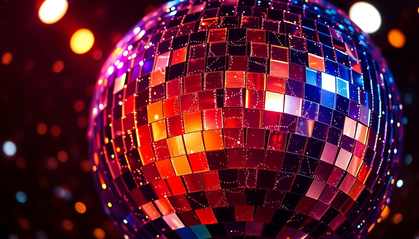An extreme close-up photograph of shattered disco ball fragments reflecting bright stage lights, creating a high-contrast, abstract, and glamorous visual texture.